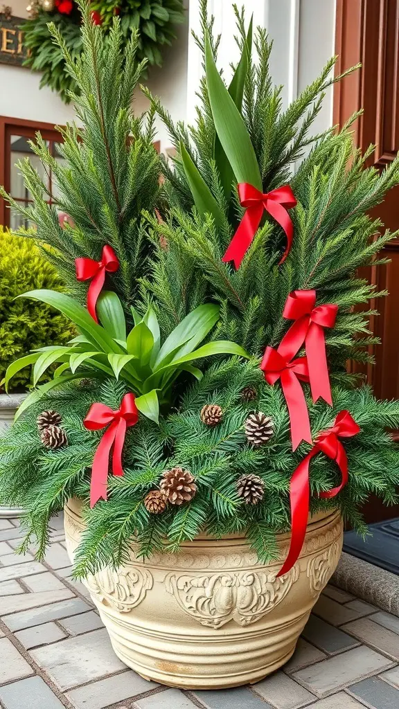 A decorative outdoor planter filled with evergreen plants, red ribbons, and pinecones.