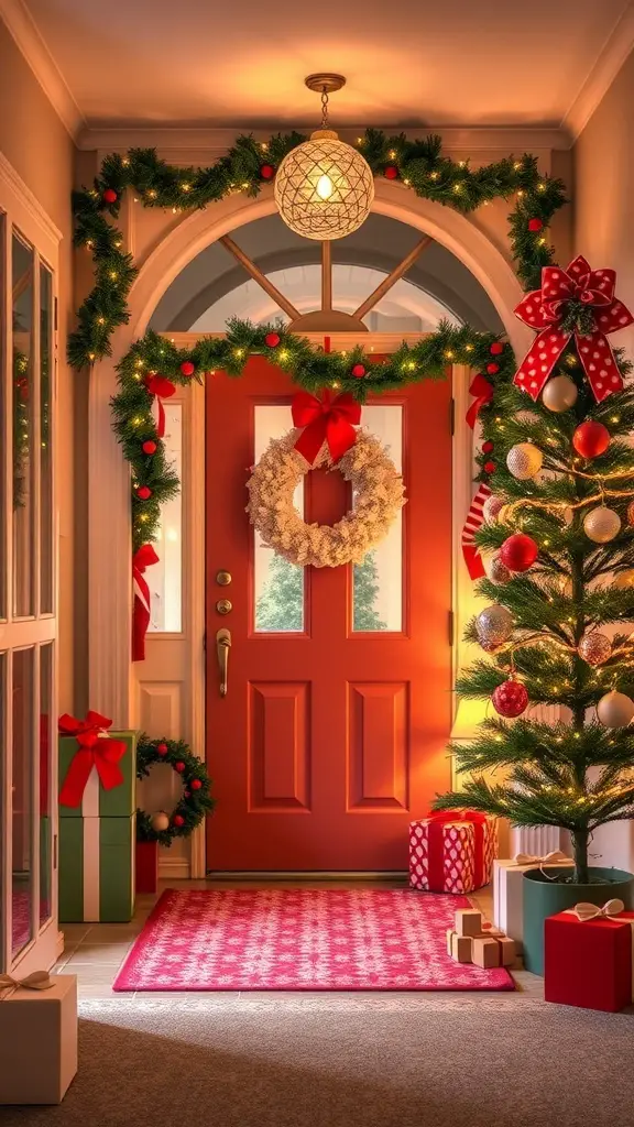 25+ Christmas Entryway Decor Ideas to Transform Your Home 13 A festive Christmas entryway with a red door, garlands, a small tree, and colorful gifts.