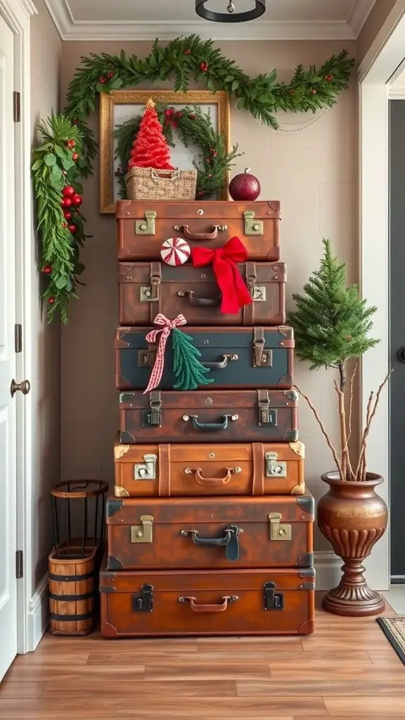 25+ Christmas Entryway Decor Ideas to Transform Your Home 15 A stack of vintage suitcases decorated for Christmas with bows and greenery.