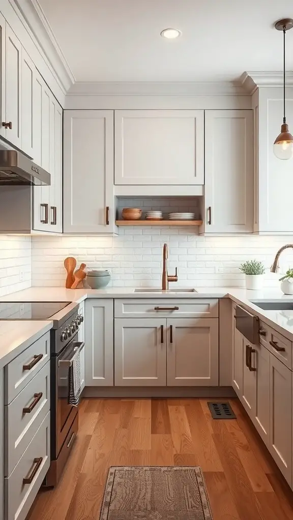 27+ Stylish Slim Shaker Cabinets for Your Dream Kitchen 11 A modern kitchen with slim shaker cabinets, warm wood flooring, and stylish lighting.