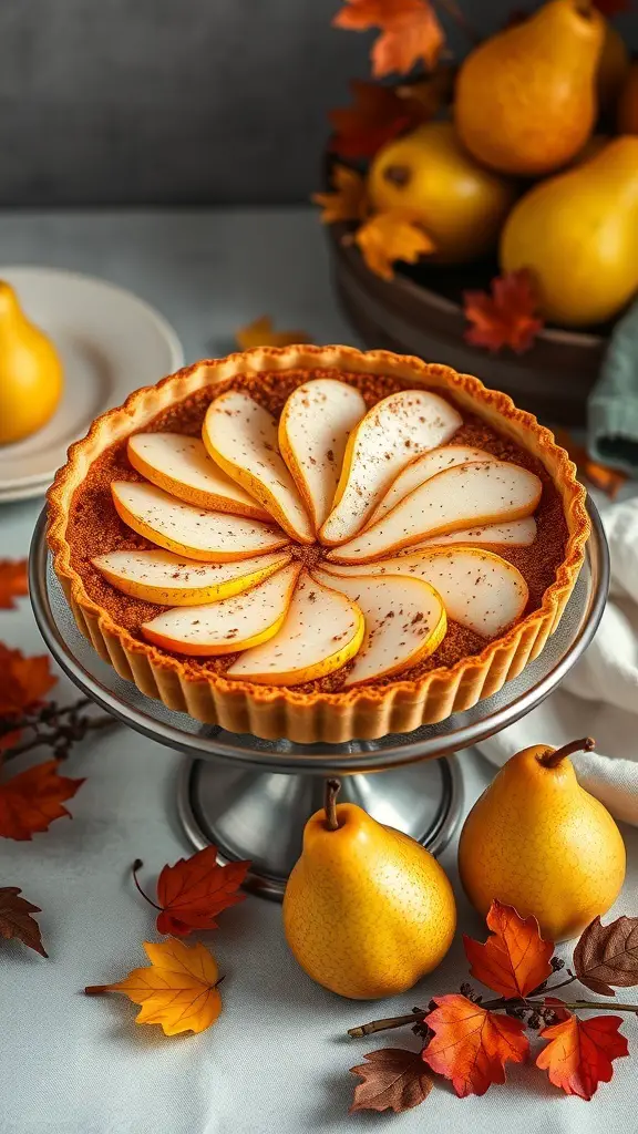 25+ Delicious Thanksgiving Dinner Ideas You Need to Try 15 A beautifully arranged spiced pear tart on a silver cake stand, surrounded by fresh pears and autumn leaves.