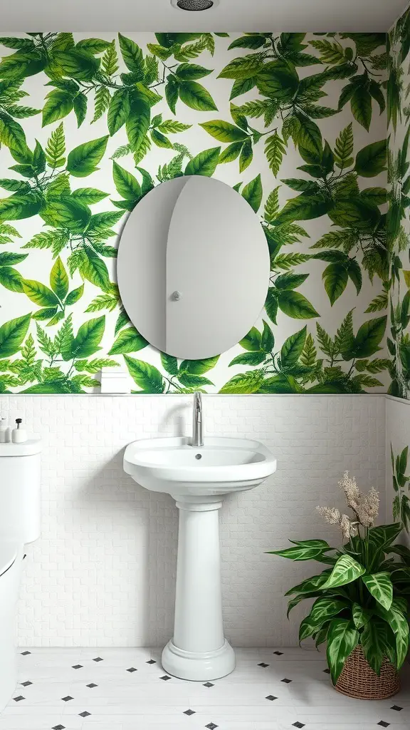 23+ Inspiring Green Bathroom Ideas for a Refreshing Makeover 5 A bathroom with nature-inspired wallpaper featuring green leaves, a round mirror, and a white pedestal sink.