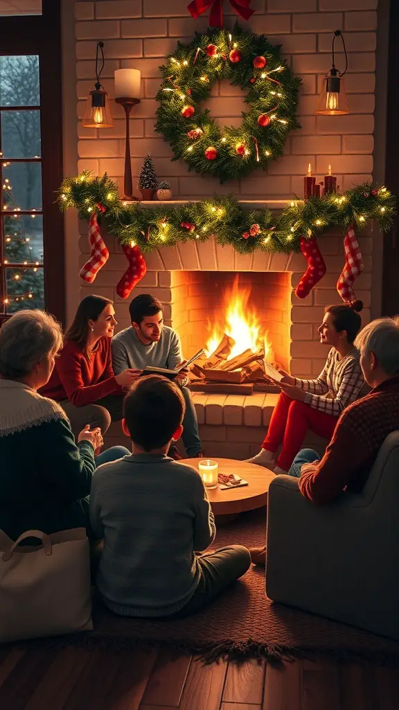 A cozy Christmas storytelling circle around a fireplace with festive decorations.