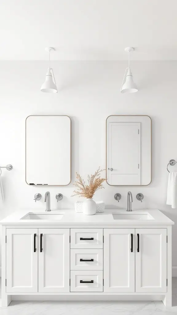 25+ Stunning Double Vanity Lighting Ideas for Your Bathroom 12 A minimalist bathroom with a double vanity, featuring white cabinetry, pendant lights, and simple mirrors.