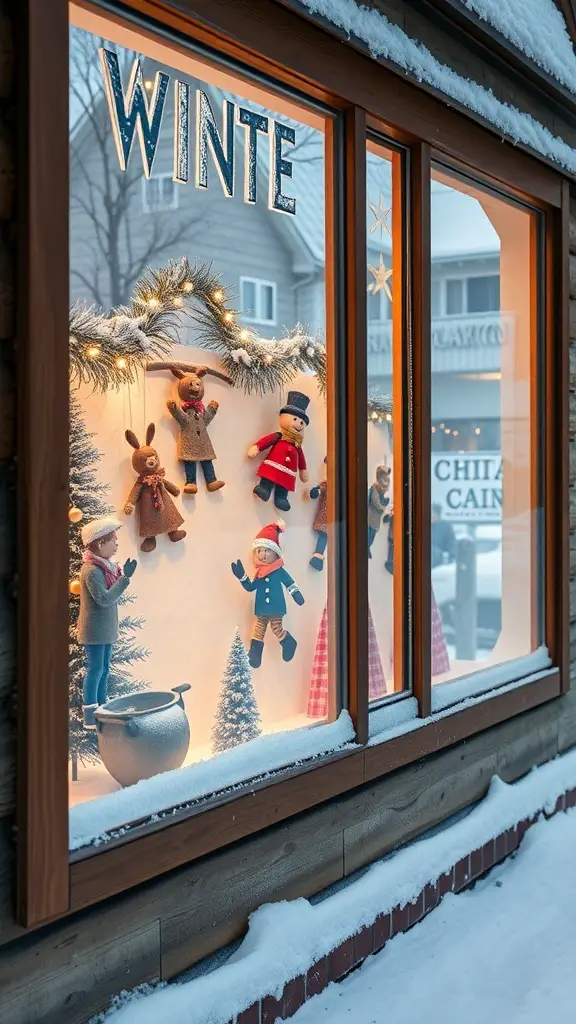 A winter-themed shop window display featuring dolls, evergreen trees, and lights, with snow outside.