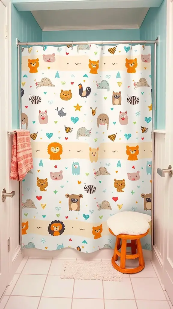A colorful shower curtain featuring whimsical animal prints in a small bathroom setting.
