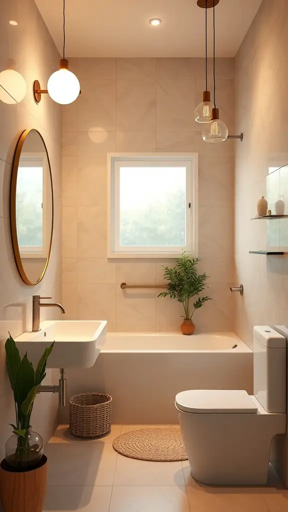 29+ Stylish Lighting Ideas to Transform Your Bathroom 11 A modern bathroom featuring eco-friendly lighting with natural light from a window.