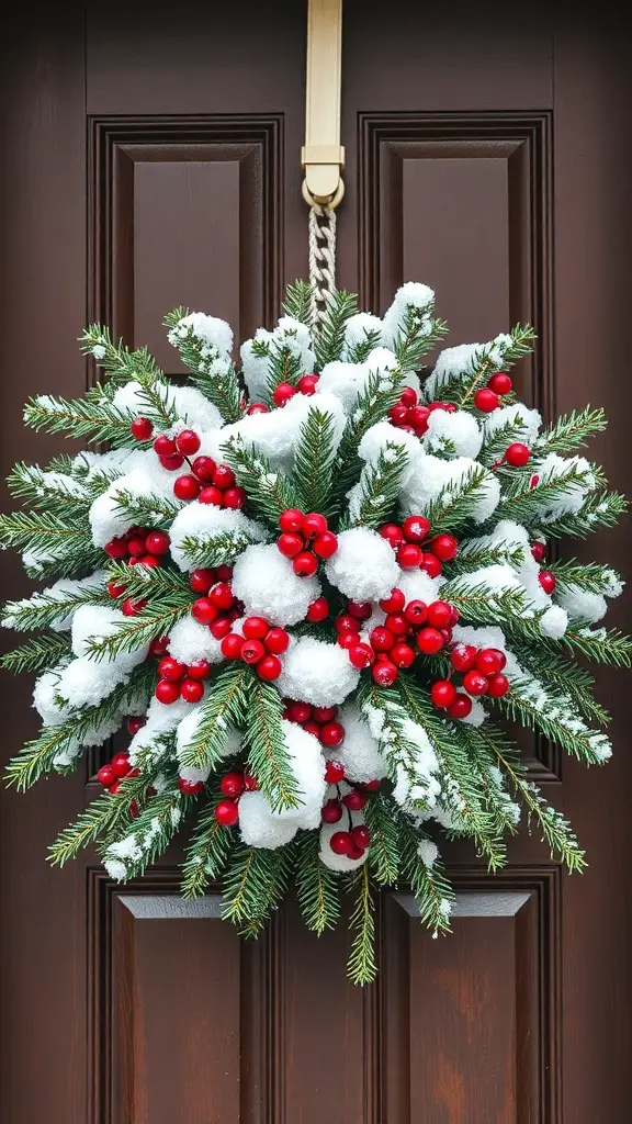 25+ Festive Christmas Swags Ideas for Your Front Door 12 A festive snowy pine and berry swag hanging on a brown door.