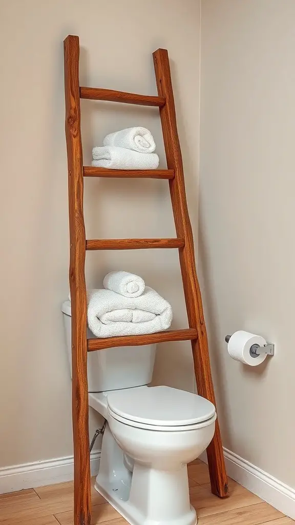 27+ Stylish Over the Toilet Storage Ideas to Maximize Your Space 9 A decorative wooden ladder with rolled towels leaning against a wall next to a toilet.