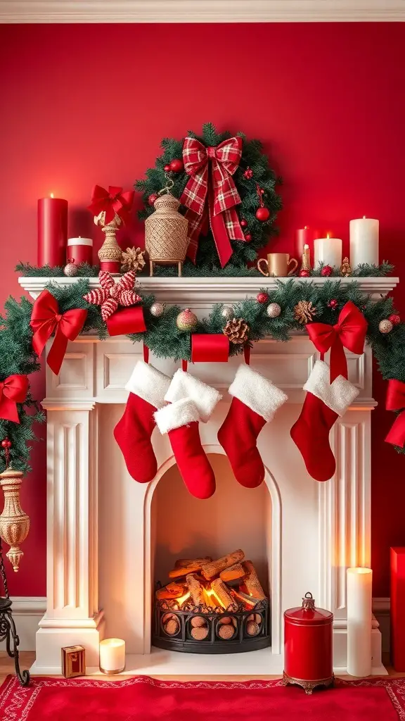 A beautifully decorated fireplace mantle with a classic red and white Christmas theme, featuring stockings, a wreath, and candles.