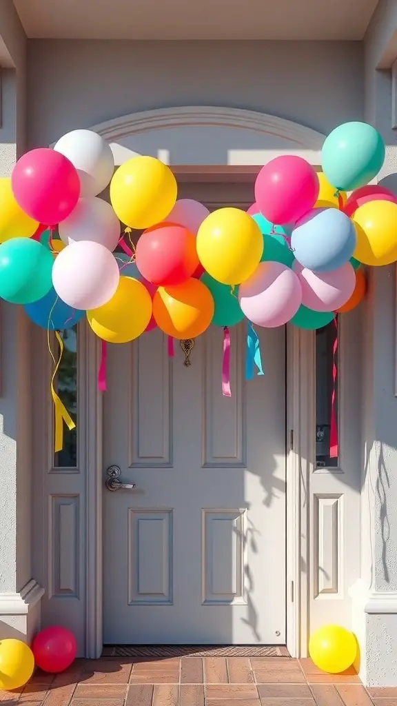 A colorful garland of balloons and streamers over a doorway