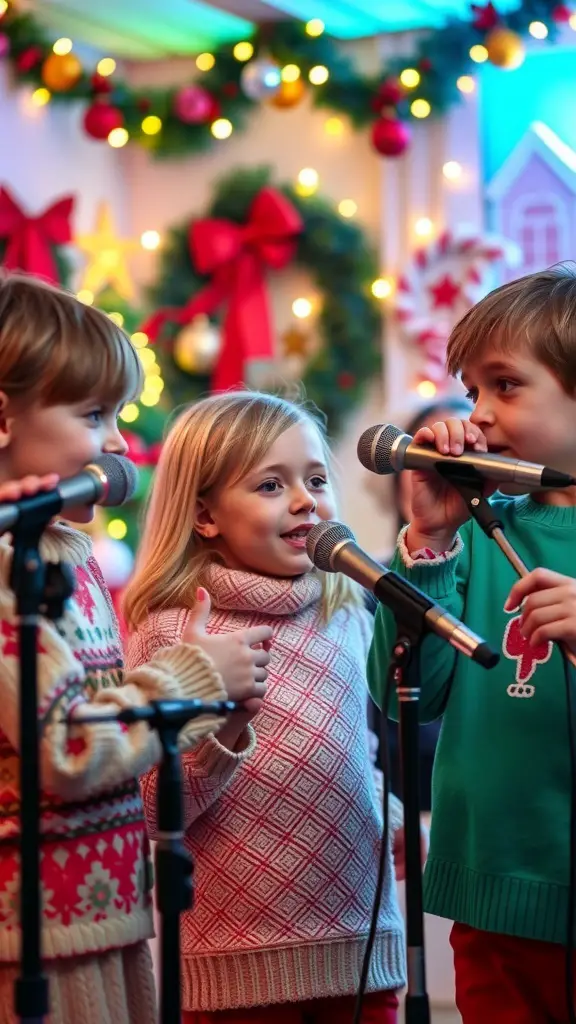 27+ Fun Christmas Activities for Kids to Enjoy This Holiday Season 16 Kids singing at a Christmas karaoke party with festive decorations.