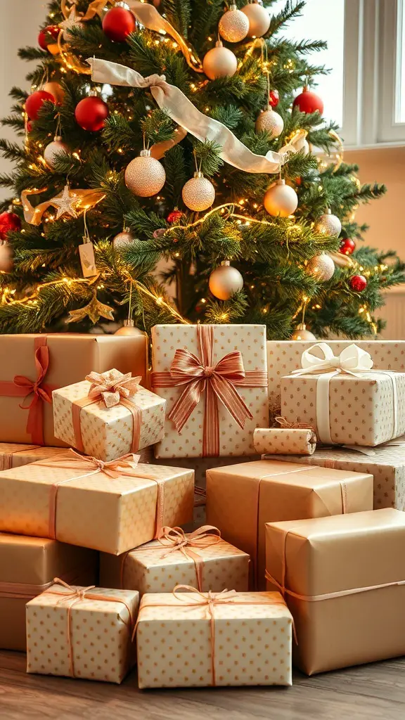 27+ Stunning Champagne Christmas Tree Ideas You Need to Try 7 A beautifully decorated Christmas tree with champagne-themed wrapped gifts underneath.