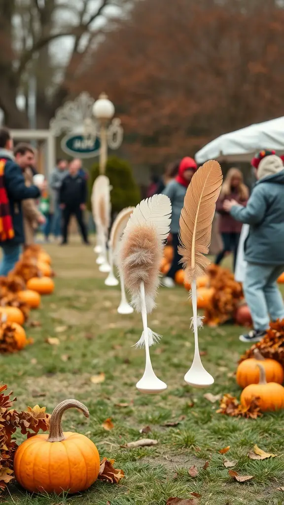 Participants preparing for a Turkey Feather Relay Race with turkey feathers and pumpkins in the background.