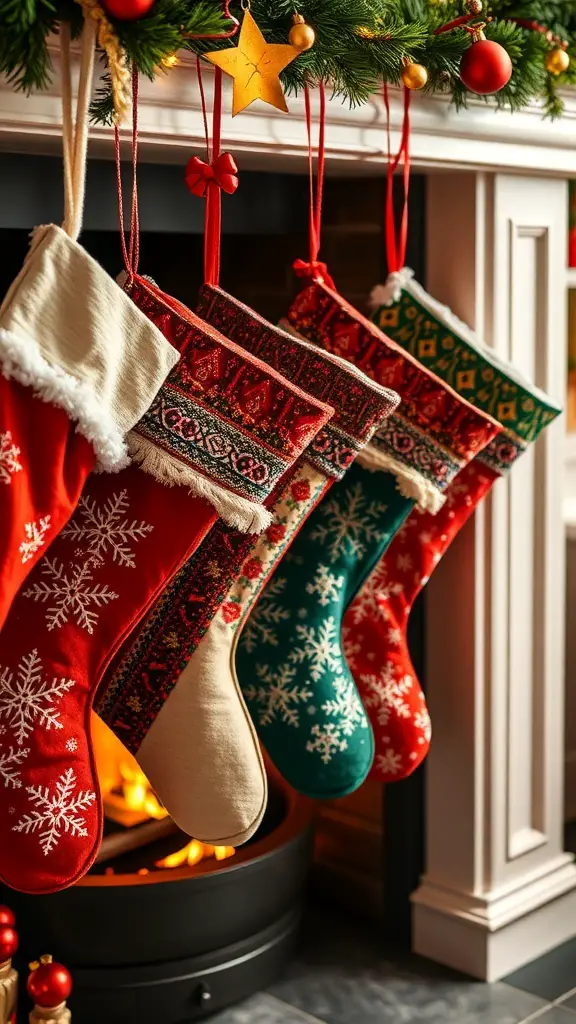 Colorful Christmas stockings hanging by a fireplace, decorated with snowflakes and festive patterns.