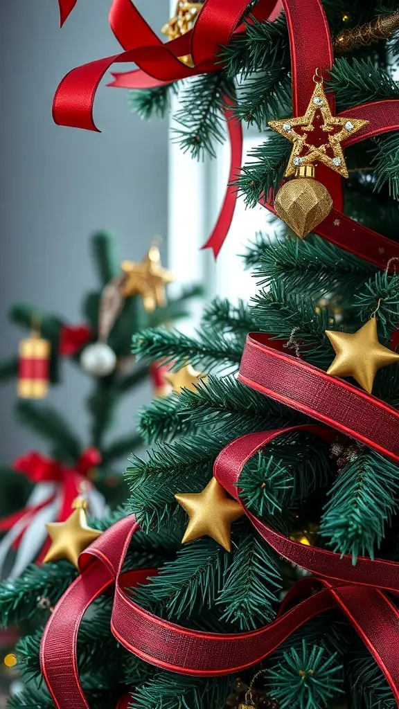 29+ Creative Christmas Tree Ribbon Decorating Ideas You’ll Love 10 A close-up of a Christmas tree decorated with layered red ribbons and gold ornaments.