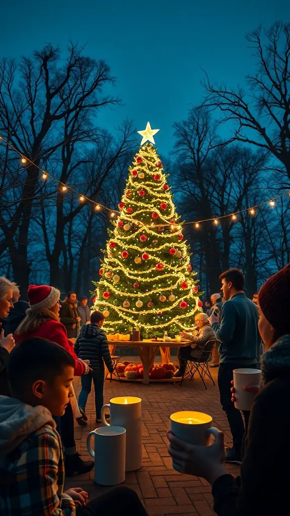 A festive Thanksgiving tree lighting ceremony with a beautifully decorated tree and people gathered around.