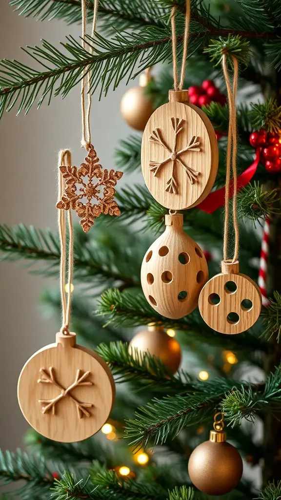 A variety of rustic wooden ornaments hanging on a Christmas tree.