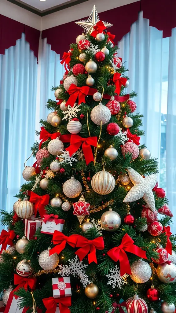 A beautifully decorated Christmas tree featuring red and white ornaments, bows, and lights.