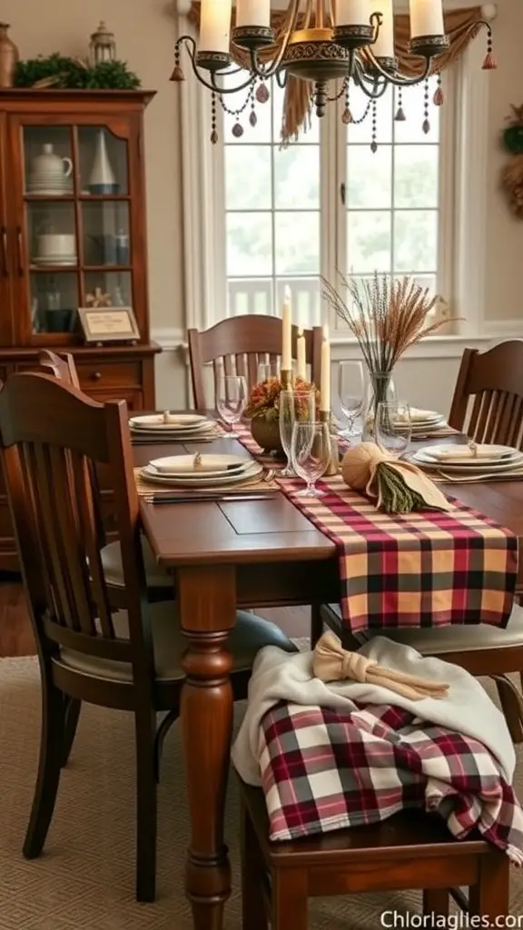 A cozy dining table set with plaid table linens, candles, and rustic decor for Christmas.