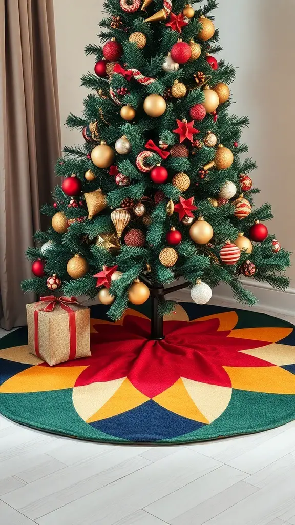 23+ Unique Christmas Tree Skirt Ideas for a Festive Touch 13 A colorful modern geometric tree skirt under a Christmas tree decorated with red and gold ornaments.