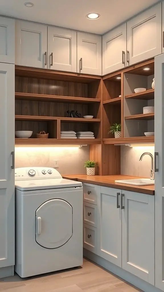 25+ Stunning Laundry Room Cabinet Ideas for a Chic and Organized Space 15 A modern laundry room with cabinets featuring integrated lighting, showcasing organized shelves and a washer.