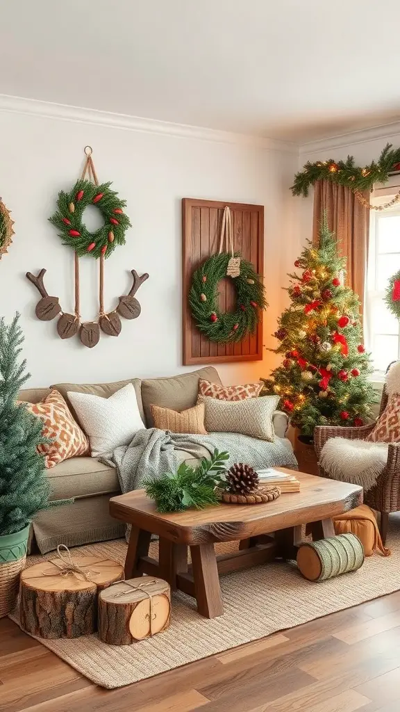 25+ Creative Christmas Decor Ideas for Your Living Room 13 A cozy living room decorated with rustic wood and nature-inspired decor for Christmas.