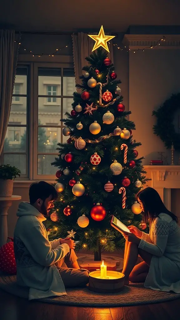 27+ Stunning Black Christmas Tree Ideas to Elevate Your Holiday Decor 14 A cozy scene featuring a black Christmas tree decorated with colorful ornaments, a couple sitting together, and warm lighting.