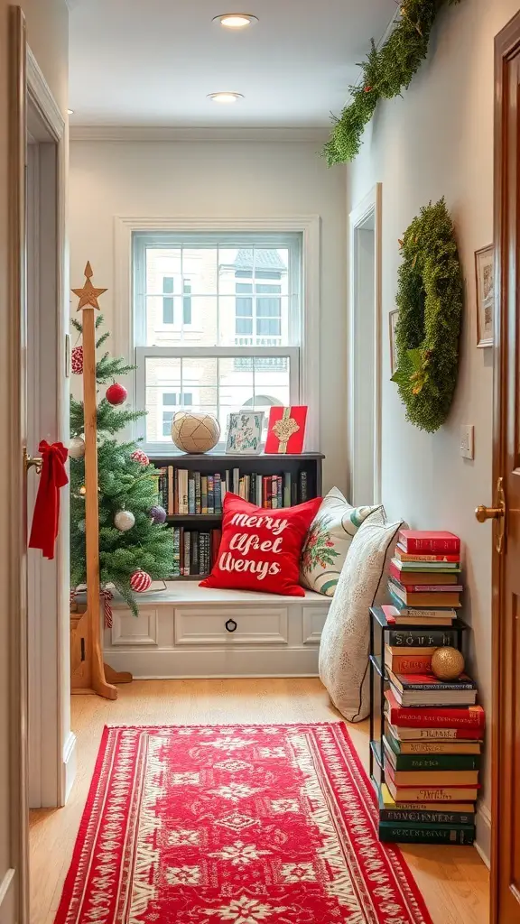 27+ Festive Christmas Hallway Ideas to Transform Your Home 13 A cozy reading nook in a hallway decorated for Christmas, featuring a small tree, bookshelves, and a red rug.