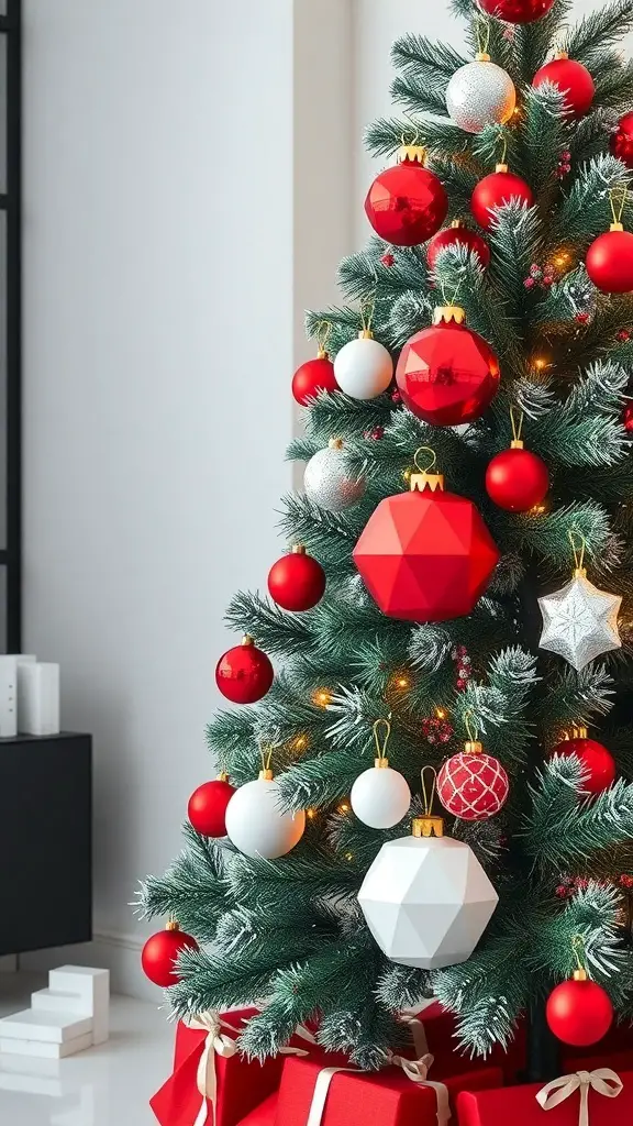 A modern Christmas tree decorated with red and white geometric ornaments, surrounded by red wrapped gifts.