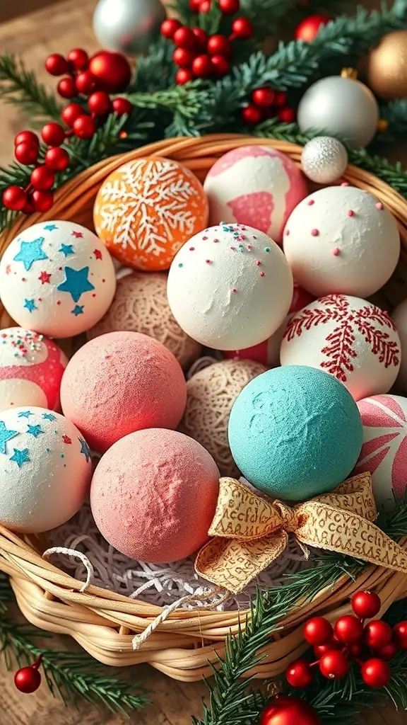 29+ Creative Christmas Stocking Ideas to Delight Everyone 13 A basket filled with colorful Christmas-themed bath bombs surrounded by holiday decorations.