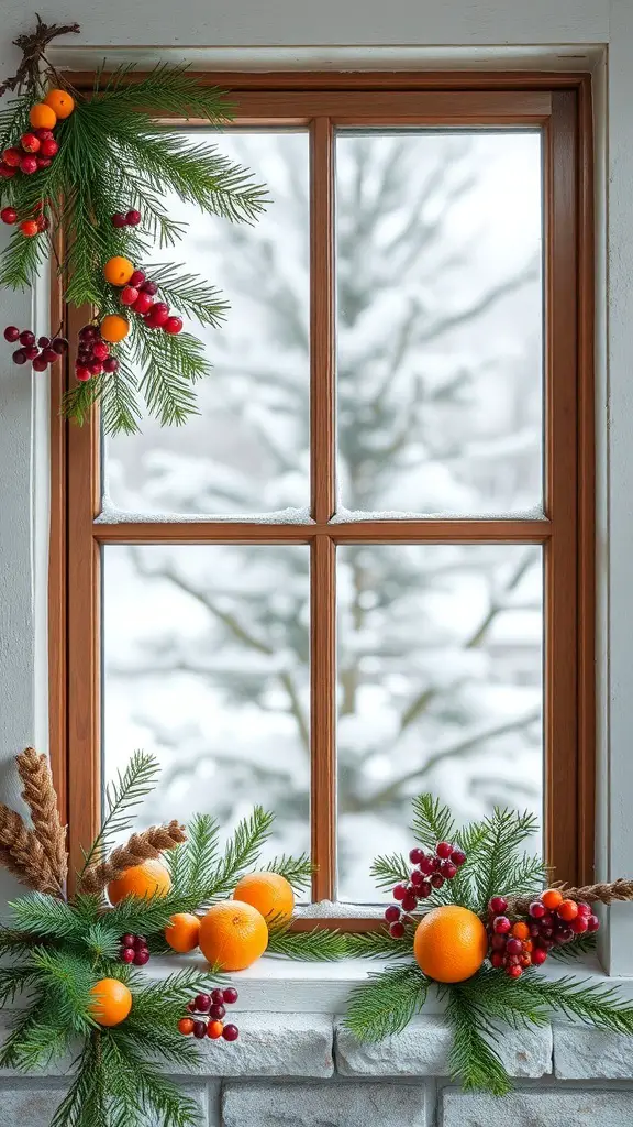 23+ Stunning Christmas Window Decorations to Brighten Your Home 13 A beautifully decorated window with pine branches, berries, and oranges, showcasing natural elements for Christmas.