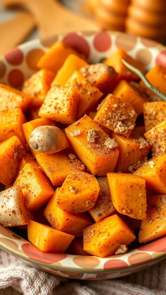 25+ Must-Try Thanksgiving Side Dishes You Need This Year 6 A bowl of roasted sweet potatoes sprinkled with cinnamon.