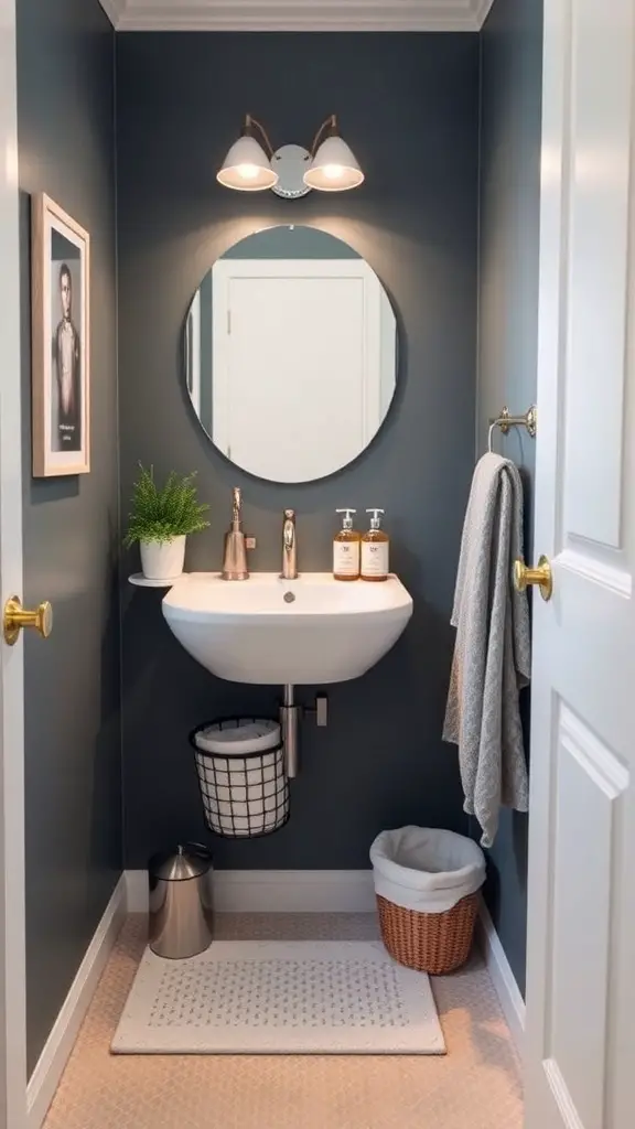 29+ Stunning Tiny Bathroom Layouts for Small Spaces 13 A compact bathroom with innovative storage solutions including shelves, a round mirror, and decorative plants.