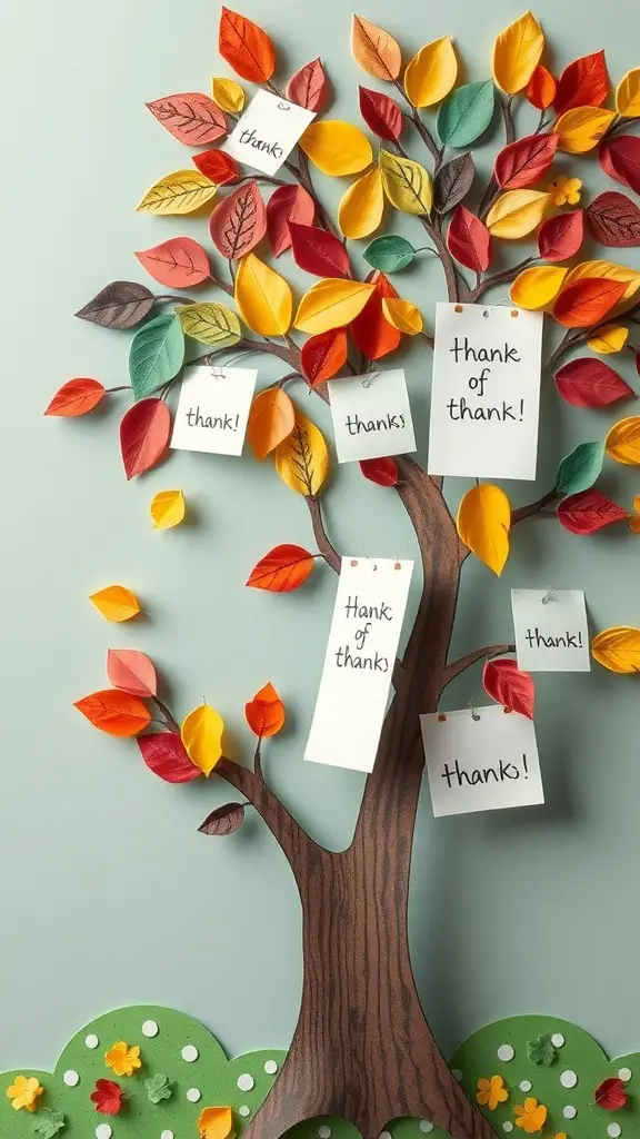 25+ Fun Thanksgiving Crafts for Kids to Make Together 3 A colorful paper Gratitude Tree with leaves and notes of thanks.