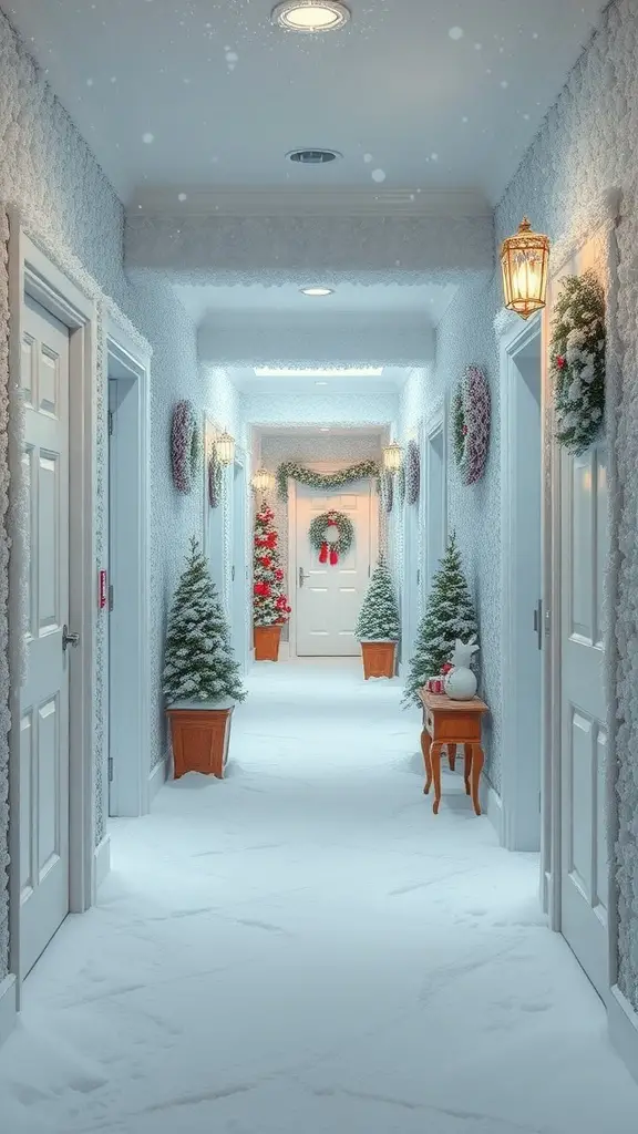 27+ Festive Christmas Hallway Ideas to Transform Your Home 5 A snowy hallway decorated for Christmas with trees, wreaths, and lanterns.