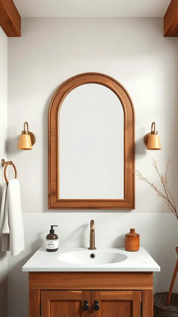A bathroom featuring an arched mirror framed with wood accents, complemented by warm lighting and a modern sink.