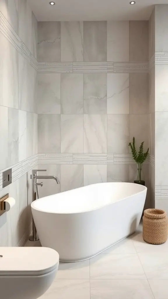 29+ Creative Wall Tile Accent Strip Ideas for Stunning Interiors 12 A modern bathroom featuring large marble tiles with subtle textured strips, a freestanding bathtub, and a minimalist design.
