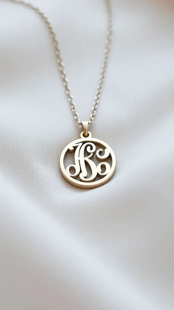 A close-up of a personalized gold necklace with initials on a soft fabric background.