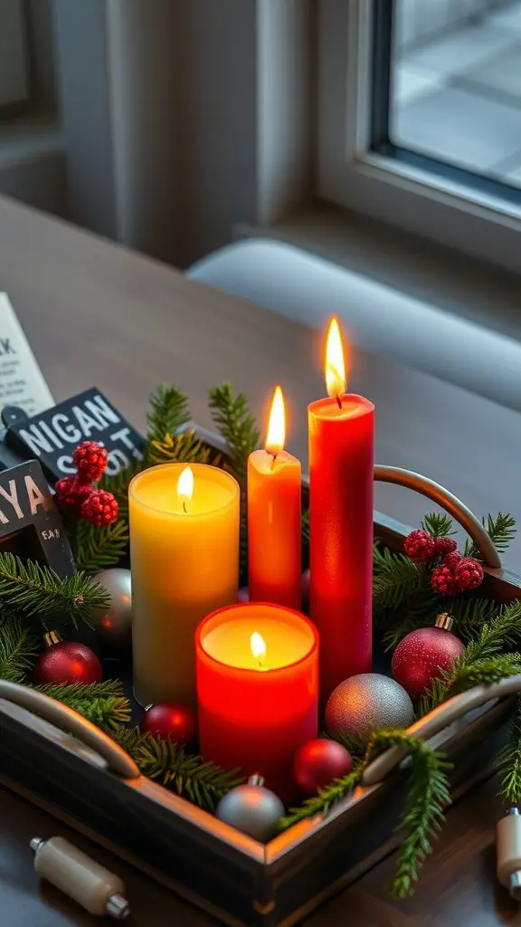 A festive candle trio in a decorative tray with greenery and ornaments