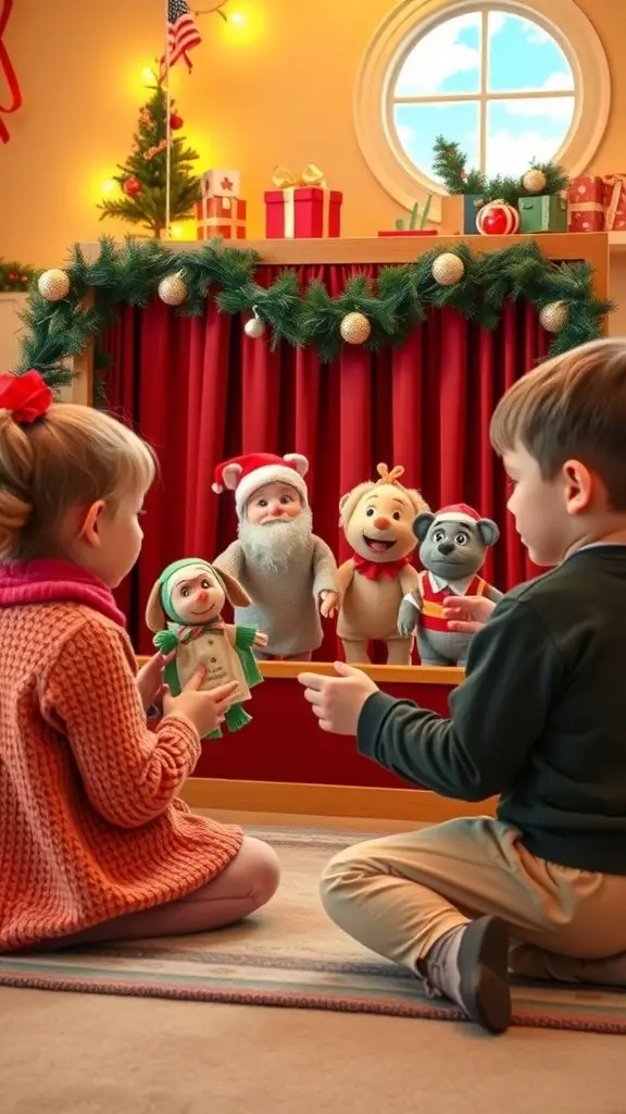 27+ Fun Christmas Activities for Kids to Enjoy This Holiday Season 10 Children enjoying a holiday puppet show with colorful puppets