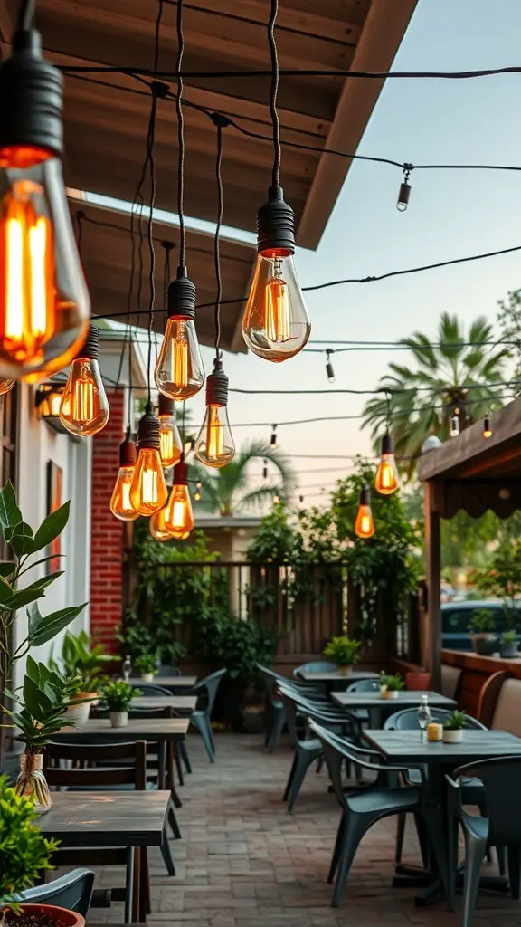A patio decorated with vintage Edison bulbs hanging from the ceiling, providing warm lighting over outdoor tables surrounded by plants.