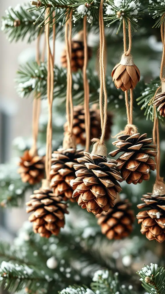 Rustic pinecone ornaments hanging on a Christmas tree