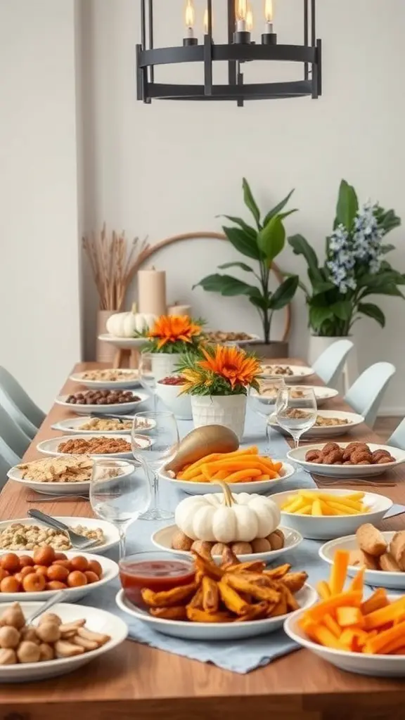 A modern Thanksgiving table with various food stations featuring colorful dishes and decorations.