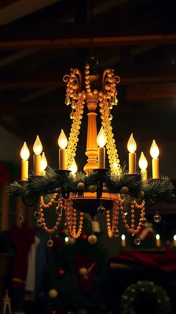 29+ Stunning Christmas Chandelier Ideas to Brighten Your Holidays 7 A vintage-inspired candle chandelier decorated with greenery and beads, glowing warmly in a festive setting.