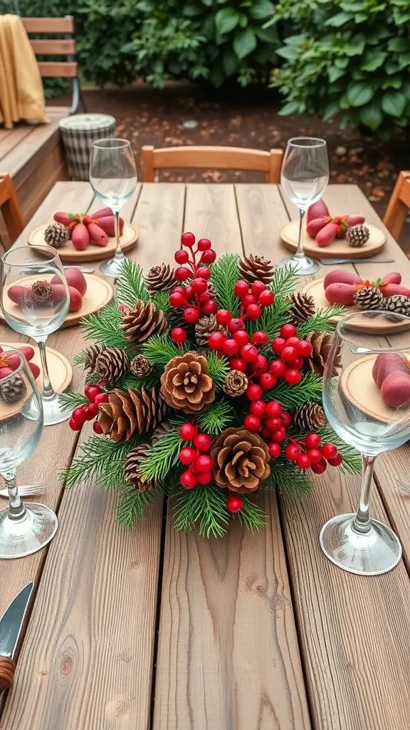 A festive table setting with a centerpiece made of pinecones and red berries.