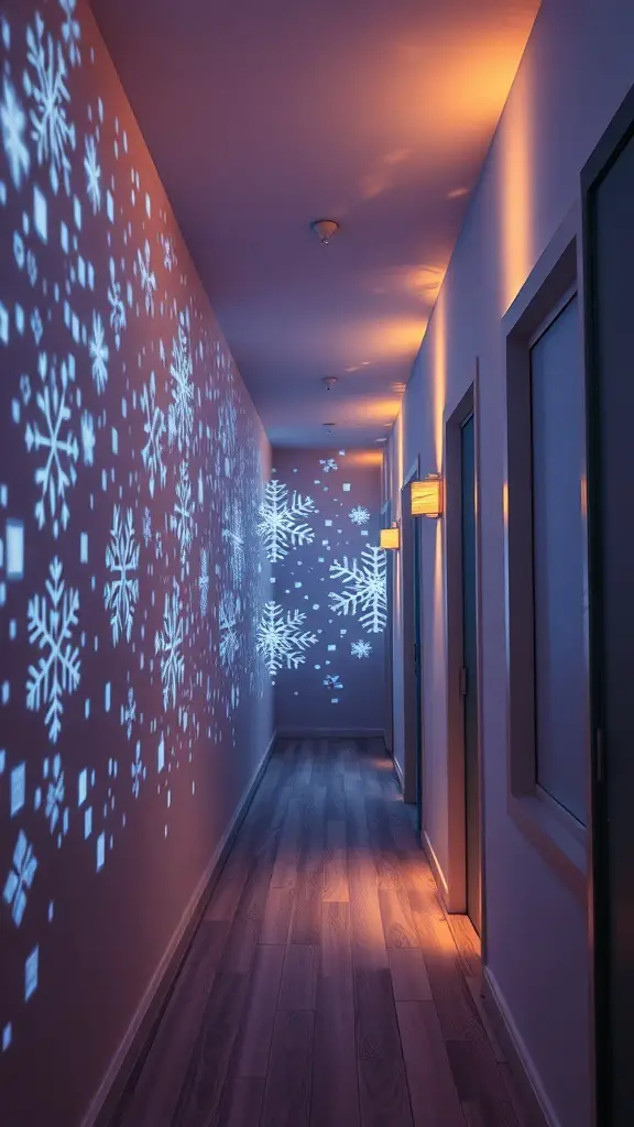 29+ Magical Hallway Christmas Light Ideas to Brighten Your Home 4 A hallway illuminated with snowflake projector lights creating a festive atmosphere.