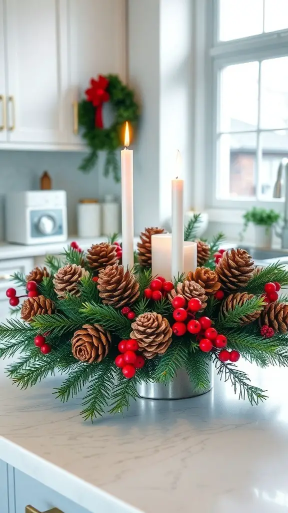 A festive centerpiece with pinecones, red berries, and white candles on a kitchen countertop.
