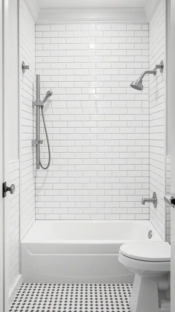21+ Timeless Bathroom Ideas You’ll Love 5 A bathroom featuring classic white subway tiles and a black and white patterned floor.