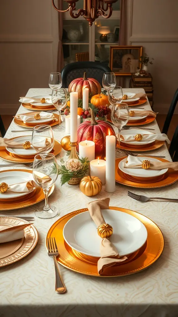 Thanksgiving table with metallic accents, featuring golden plates, pumpkins, and candles.